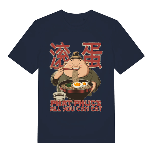 Navy Phat Phucs All You Can Eat funny graphic t-shirt showing bold all you can eat lettering  