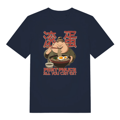 navy funny offensive t-shirt with the graphic of a man eating noodles and the slogan 'phat phucs all you can eat'