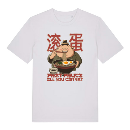 white funny offensive t-shirt with the graphic of a man eating noodles and the slogan 'phat phucs all you can eat'