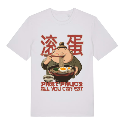 White Phat Phucs All You Can Eat funny graphic t-shirt with vibrant noodle man graphic  