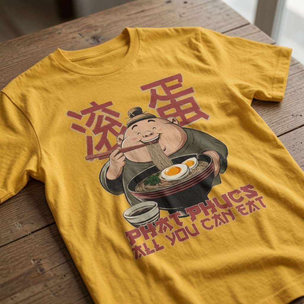Yellow Phat Phucs t-shirt laid flat on a wooden table featuring a cartoon man slurping noodles with Chinese characters and the slogan “All You Can Eat”, funny Chinese writing graphic design