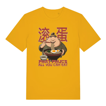 yellow funny offensive t-shirt with the graphic of a man eating noodles and the slogan 'phat phucs all you can eat'