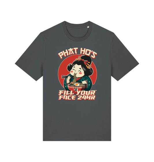 grey funny offensive t-shirt with a graphic design featuring a japanese woman eating noodles and the slogan 'phat hos fill your face 24hr'