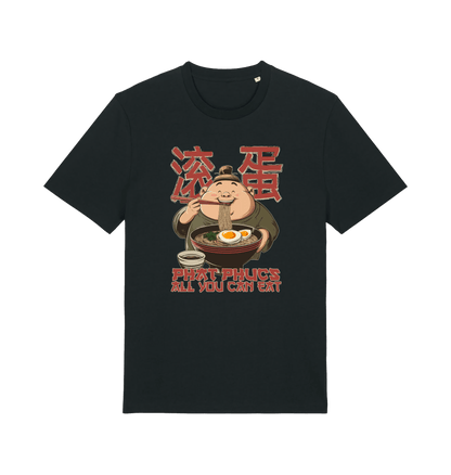 Black funny offensive t-shirt with a graphic of a cartoon character eating noodles and the slogan phat phucs all you can eat'