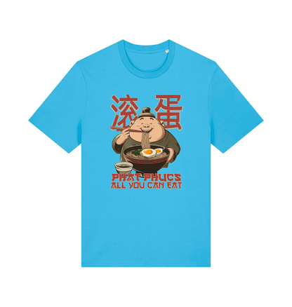blue funny offensive t-shirt with a graphic of a cartoon character eating noodles and the slogan phat phucs all you can eat'