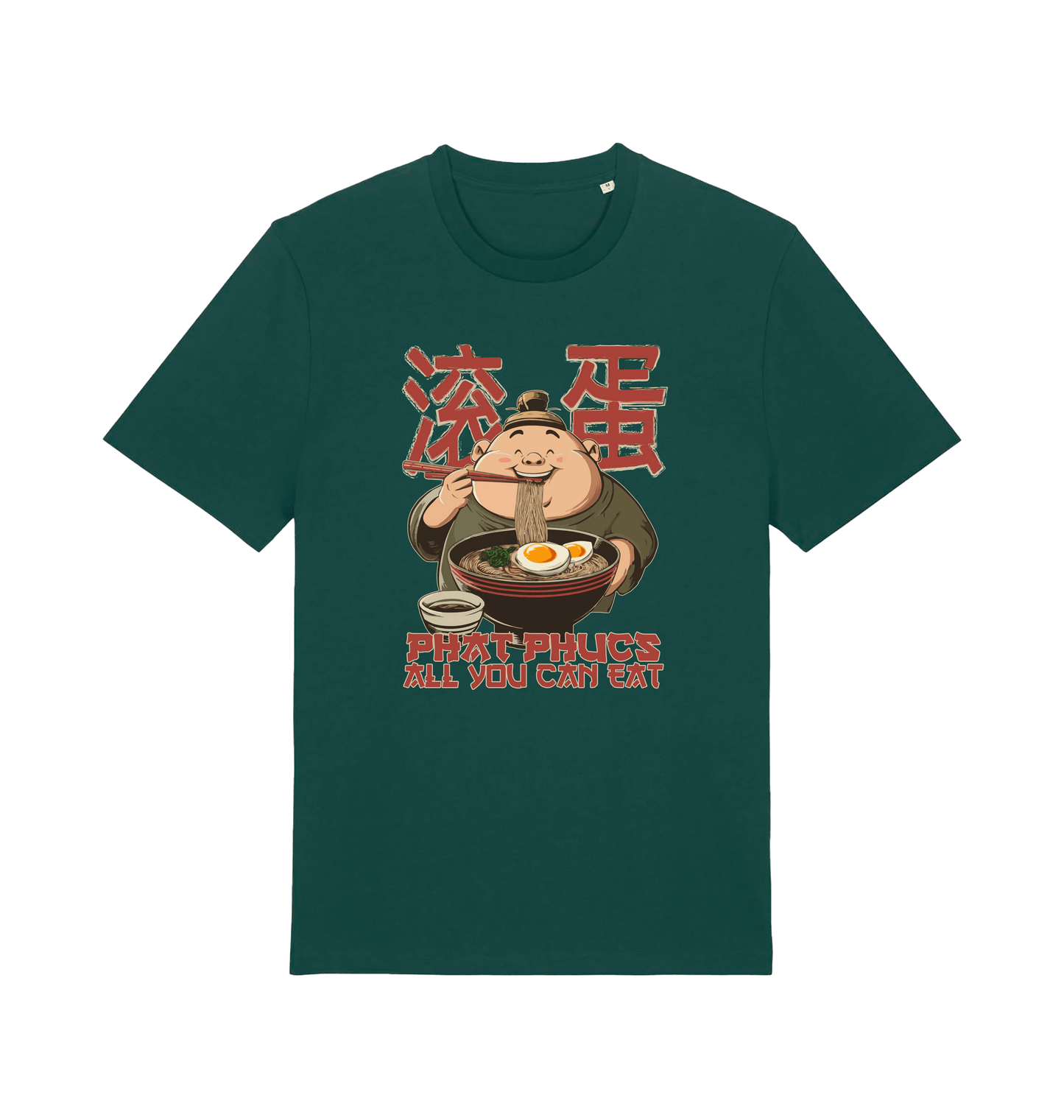 green funny offensive t-shirt with a graphic of a cartoon character eating noodles and the slogan phat phucs all you can eat'