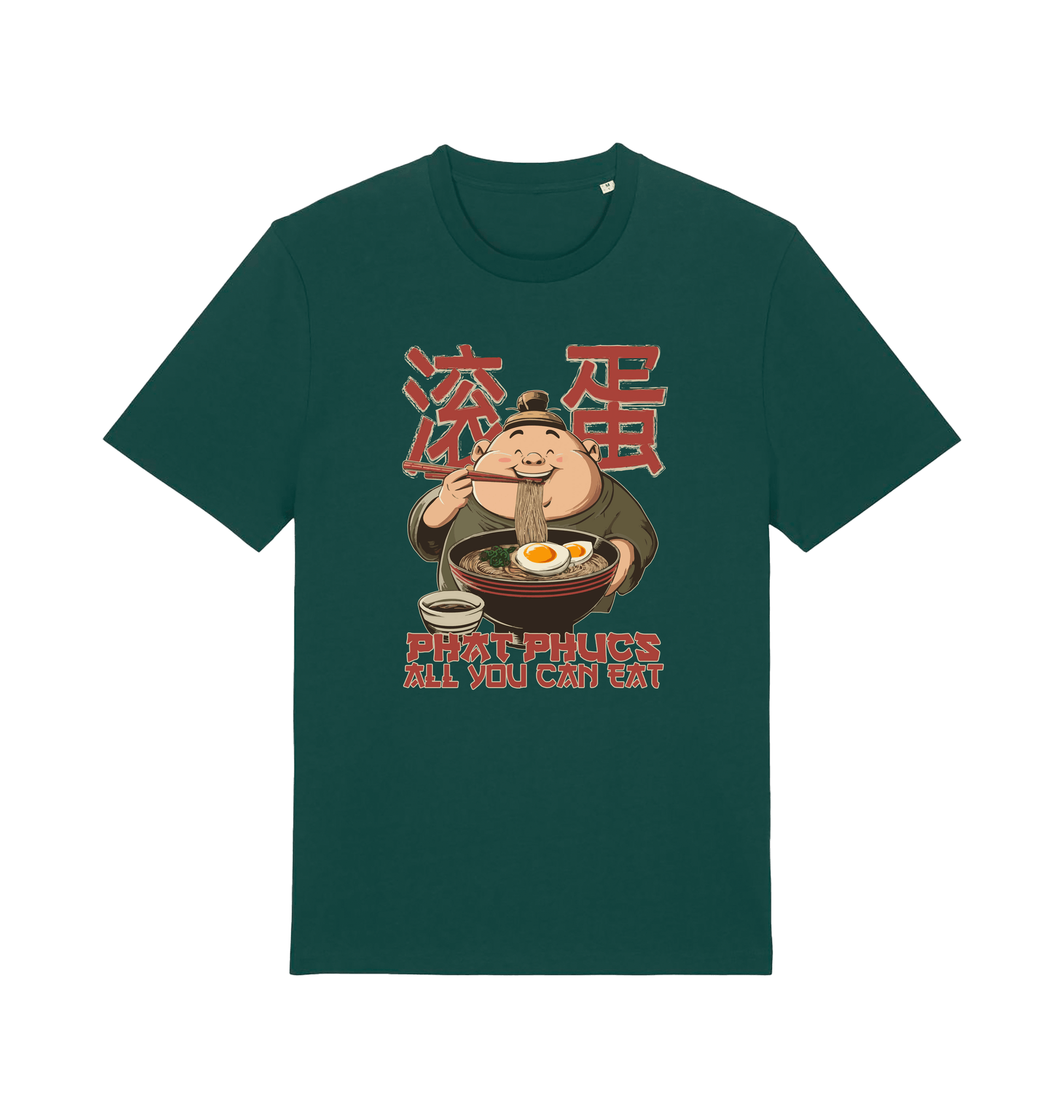 green funny offensive t-shirt with a graphic of a cartoon character eating noodles and the slogan phat phucs all you can eat'