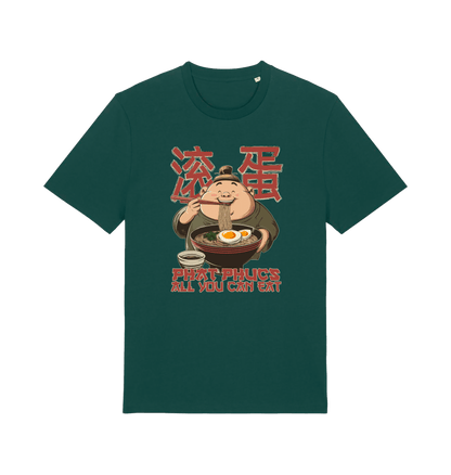 green funny offensive t-shirt with a graphic of a cartoon character eating noodles and the slogan phat phucs all you can eat'