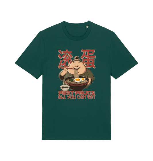 green funny offensive t-shirt with a graphic of a cartoon character eating noodles and the slogan phat phucs all you can eat'
