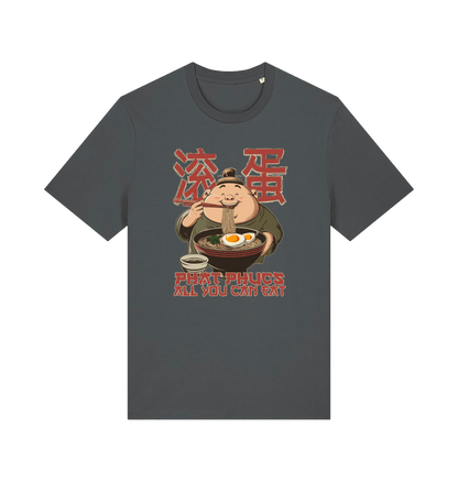 grey funny offensive t-shirt with a graphic of a cartoon character eating noodles and the slogan phat phucs all you can eat'