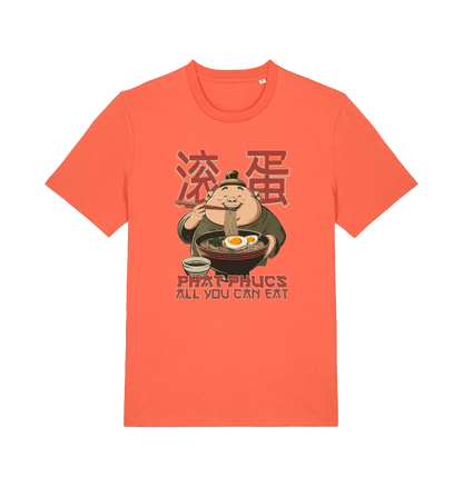 orange funny offensive t-shirt with a graphic of a cartoon character eating noodles and the slogan phat phucs all you can eat'