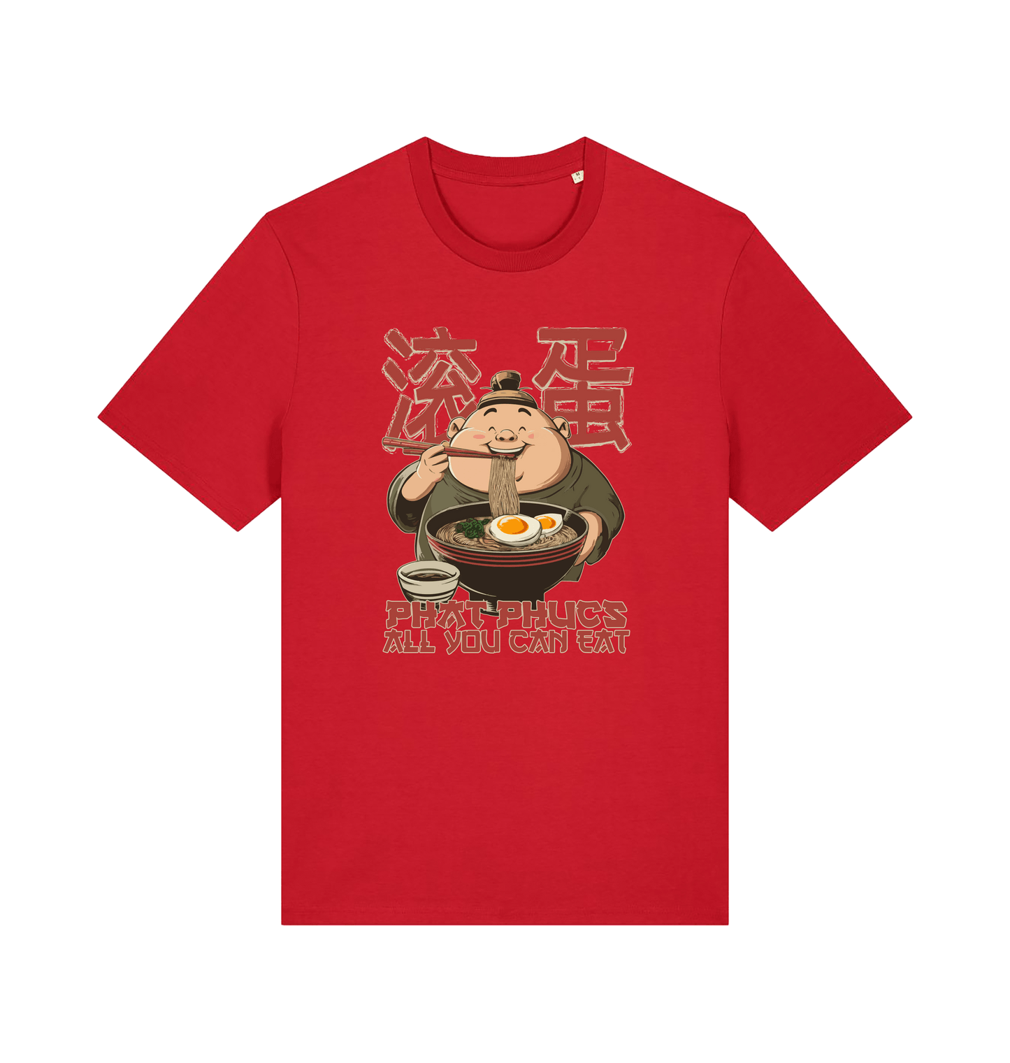 red funny offensive t-shirt with a graphic of a cartoon character eating noodles and the slogan phat phucs all you can eat'