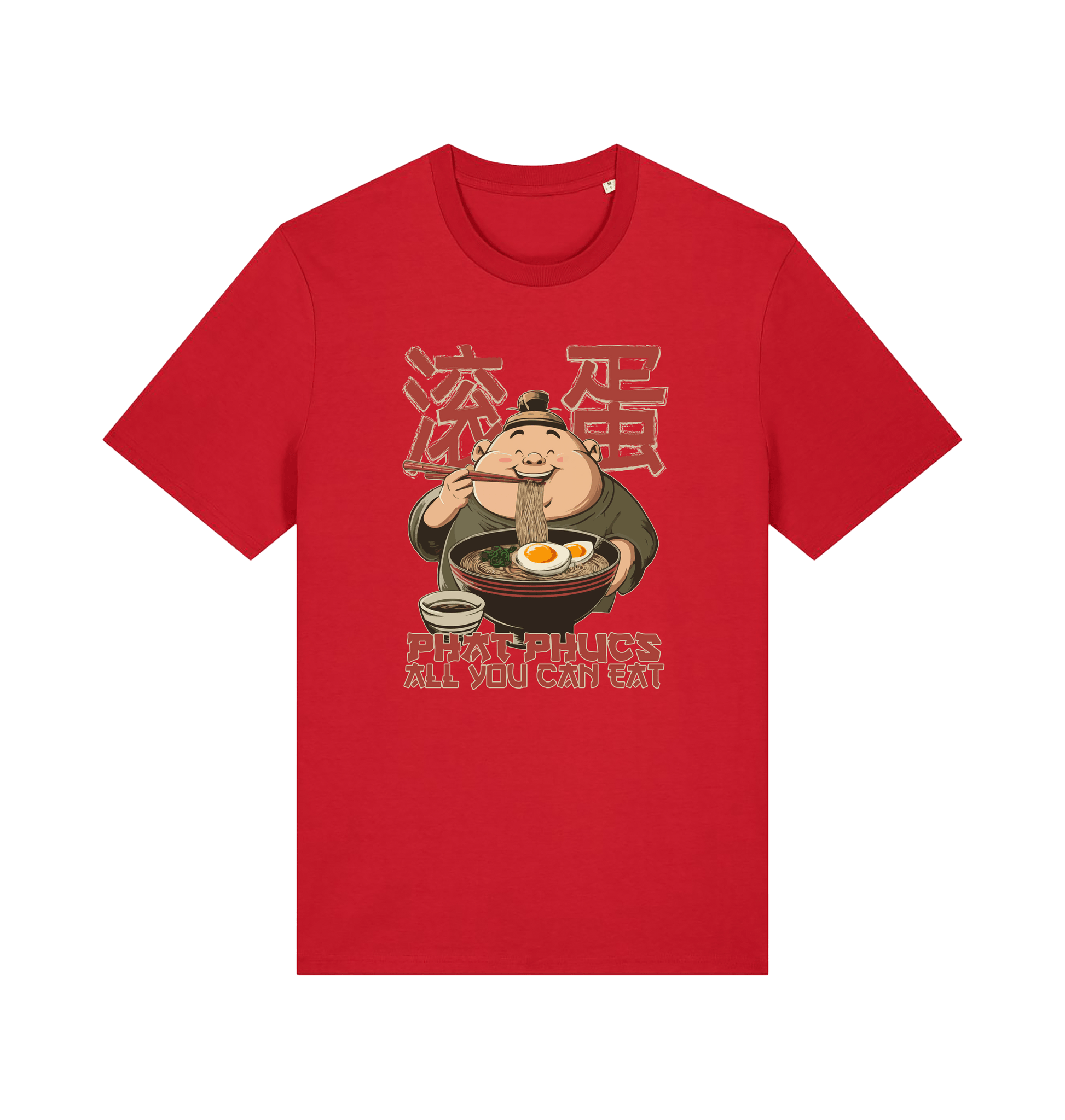 red funny offensive t-shirt with a graphic of a cartoon character eating noodles and the slogan phat phucs all you can eat'