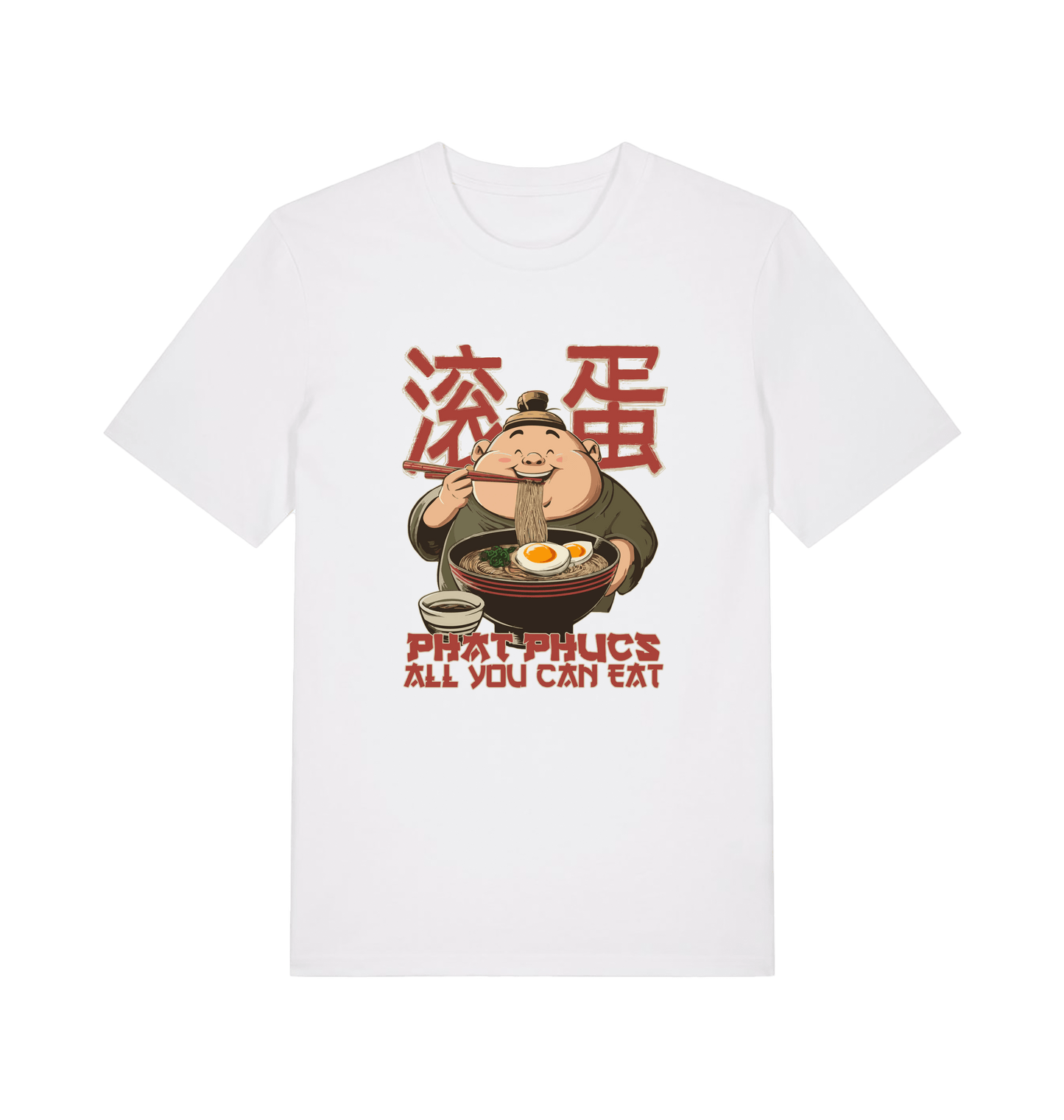 white funny offensive t-shirt with a graphic of a cartoon character eating noodles and the slogan phat phucs all you can eat'