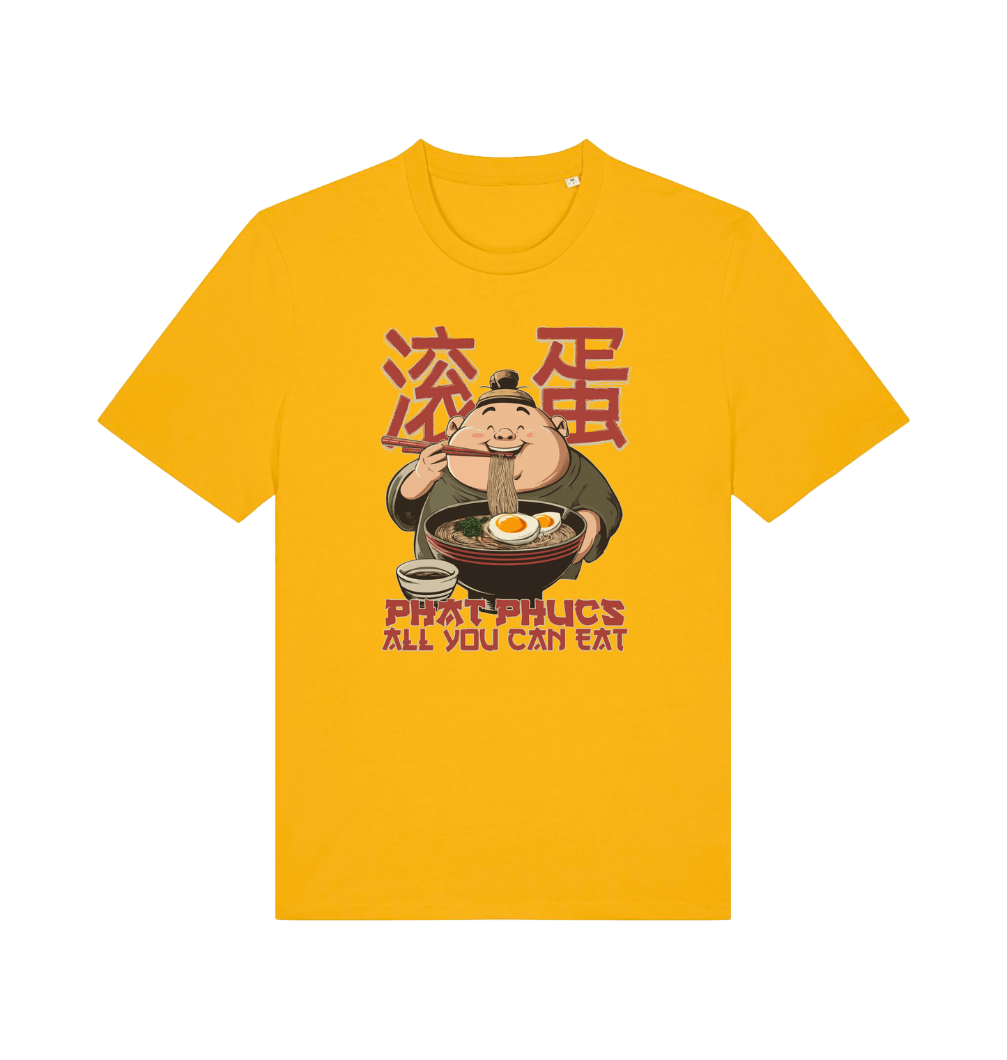 yellow funny offensive t-shirt with a graphic of a cartoon character eating noodles and the slogan phat phucs all you can eat'