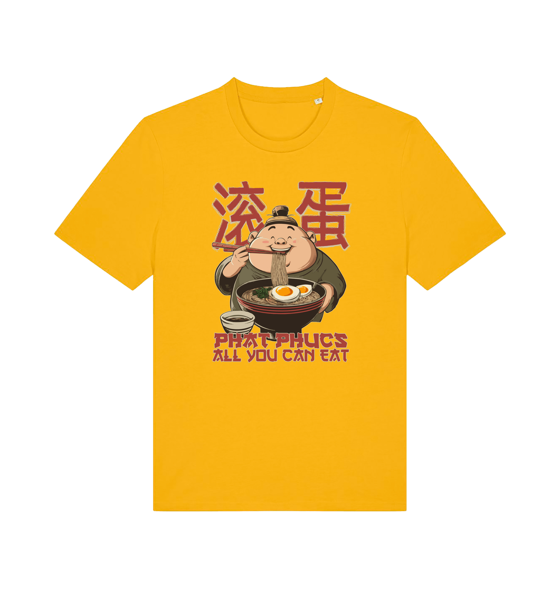 yellow funny offensive t-shirt with a graphic of a cartoon character eating noodles and the slogan phat phucs all you can eat'