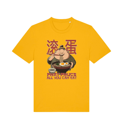 yellow funny offensive t-shirt with a graphic of a cartoon character eating noodles and the slogan phat phucs all you can eat'
