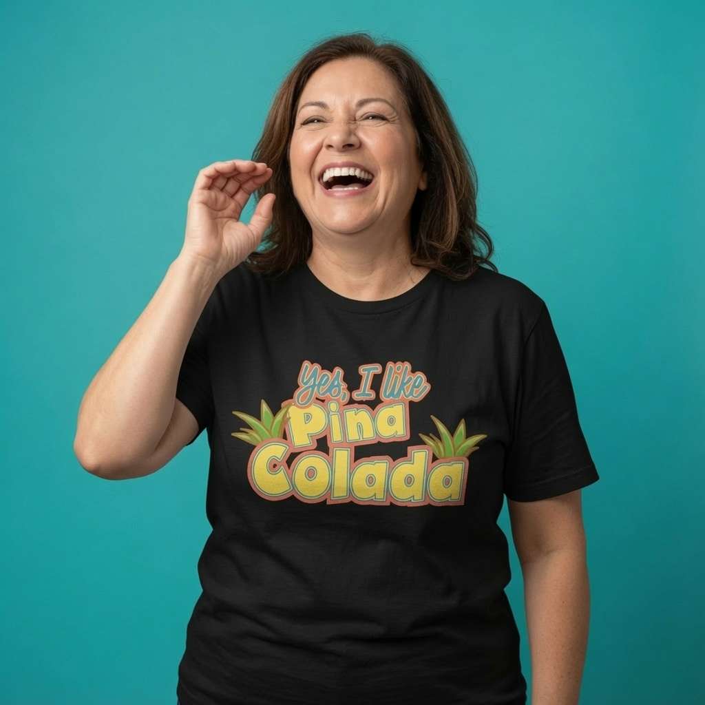 Woman laughing with one hand near her face while wearing a black Yes, I Like Pina Colada t-shirt, fun pina colada music inspired design that every no-nonsense lady will claim