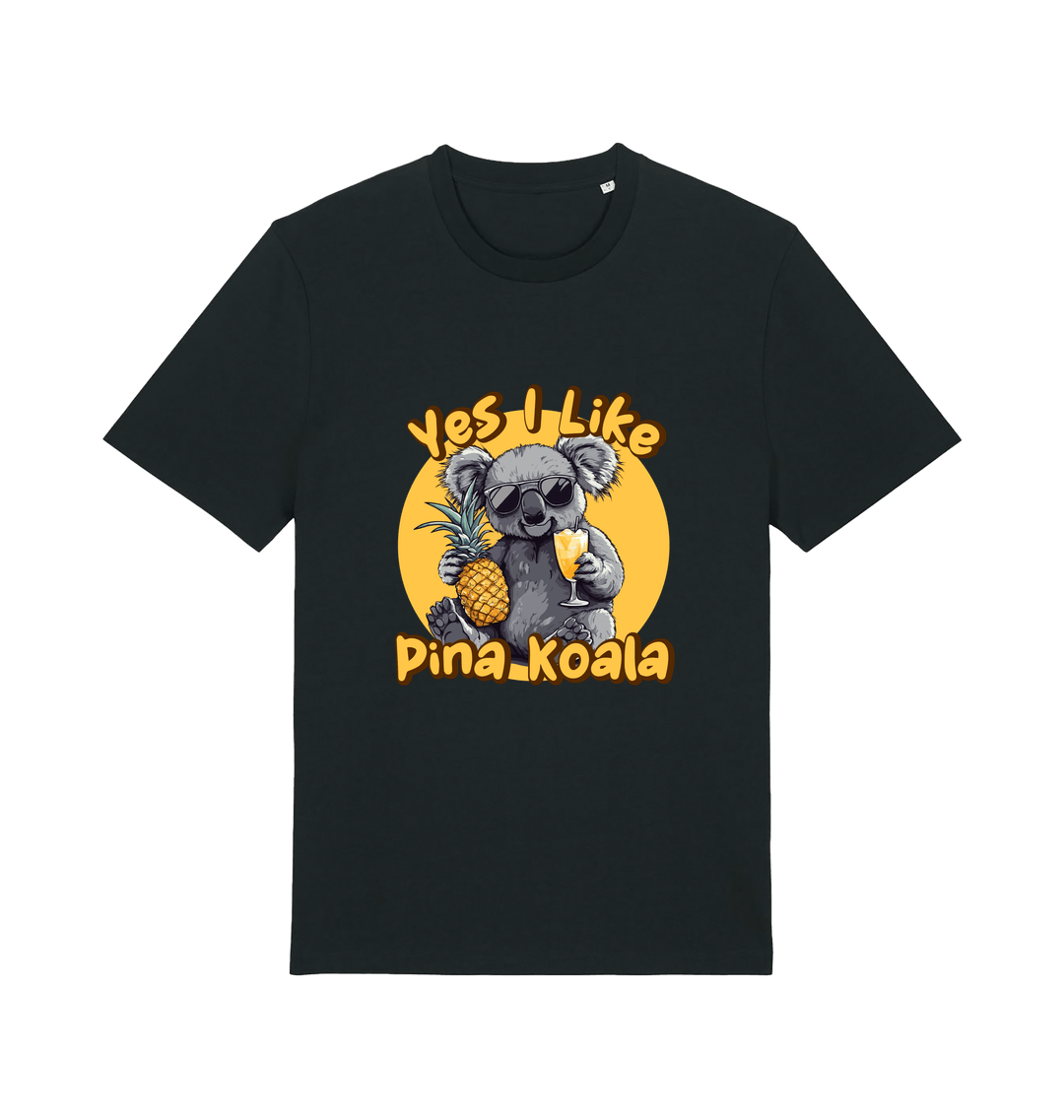 black funny animal t-shirt with the graphic of a koala holding a pineapple and the slogan 'yes i like pina koala'