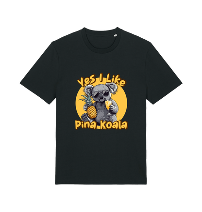 black funny animal t-shirt with the graphic of a koala holding a pineapple and the slogan 'yes i like pina koala'