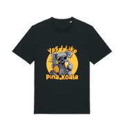 black funny animal t-shirt with the graphic of a koala holding a pineapple and the slogan 'yes i like pina koala'
