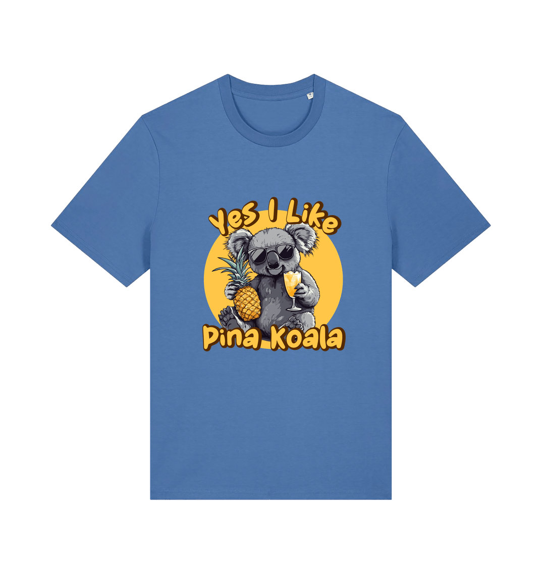 blue funny animal t-shirt with the graphic of a koala holding a pineapple and the slogan 'yes i like pina koala'
