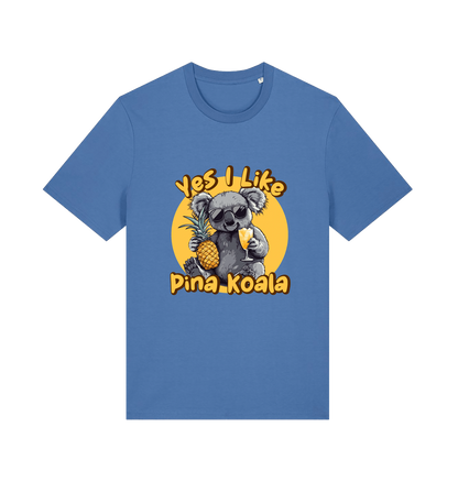 blue funny animal t-shirt with the graphic of a koala holding a pineapple and the slogan 'yes i like pina koala'