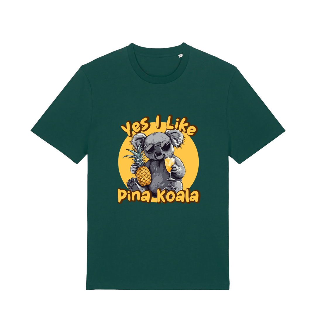 green funny animal t-shirt with the graphic of a koala holding a pineapple and the slogan 'yes i like pina koala'