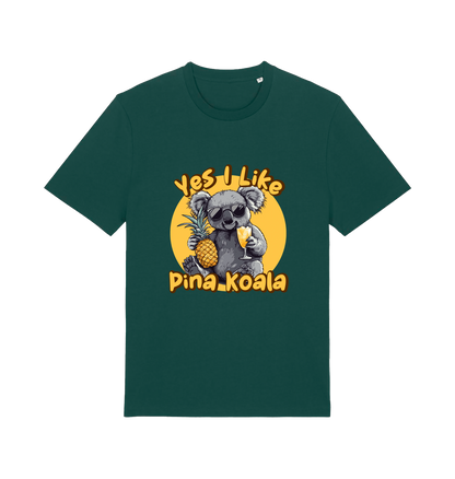 green funny animal t-shirt with the graphic of a koala holding a pineapple and the slogan 'yes i like pina koala'