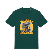 green funny animal t-shirt with the graphic of a koala holding a pineapple and the slogan 'yes i like pina koala'