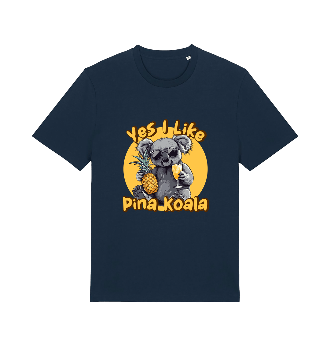 navy funny animal t-shirt with the graphic of a koala holding a pineapple and the slogan 'yes i like pina koala'