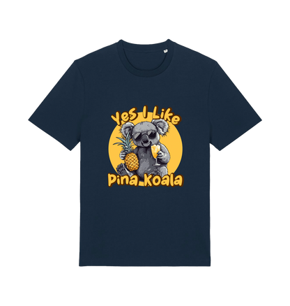 navy funny animal t-shirt with the graphic of a koala holding a pineapple and the slogan 'yes i like pina koala'