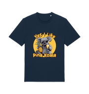 navy funny animal t-shirt with the graphic of a koala holding a pineapple and the slogan 'yes i like pina koala'