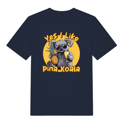 navy funny graphic t-shirt with a koala graphic holding a pineapple and a drink, text 'Yes I Like pina koala' 
