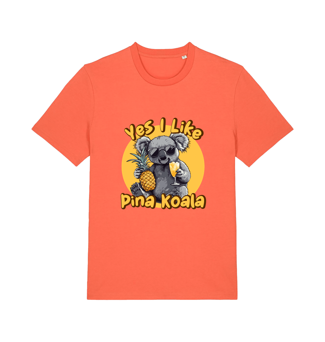 orange funny animal t-shirt with the graphic of a koala holding a pineapple and the slogan 'yes i like pina koala'