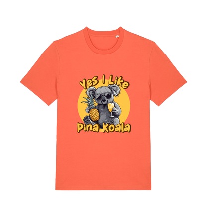 orange funny animal t-shirt with the graphic of a koala holding a pineapple and the slogan 'yes i like pina koala'