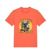 orange funny animal t-shirt with the graphic of a koala holding a pineapple and the slogan 'yes i like pina koala'