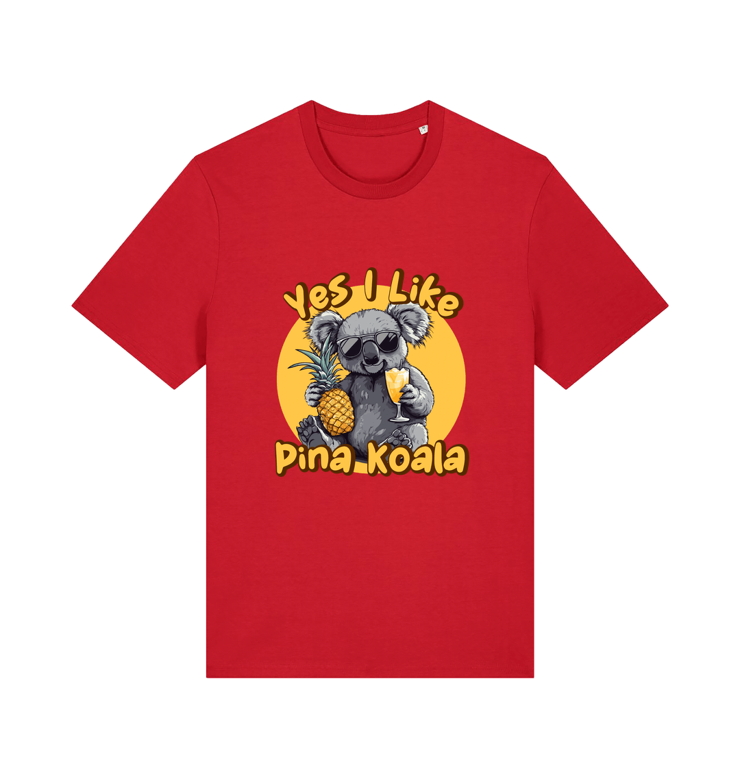 red funny animal t-shirt with the graphic of a koala holding a pineapple and the slogan 'yes i like pina koala'