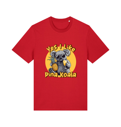 red funny animal t-shirt with the graphic of a koala holding a pineapple and the slogan 'yes i like pina koala'