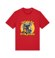 red funny animal t-shirt with the graphic of a koala holding a pineapple and the slogan 'yes i like pina koala'
