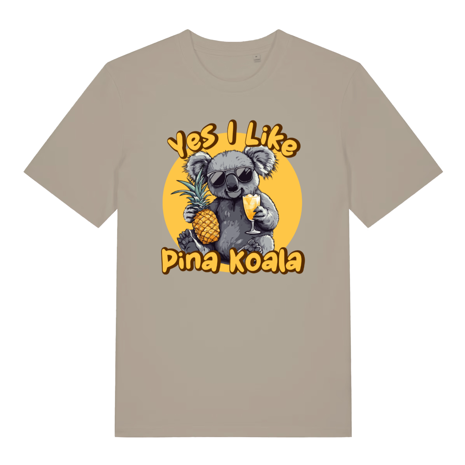 stone funny graphic t-shirt with a koala graphic holding a pineapple and a drink, text 'Yes I Like pina koala' 