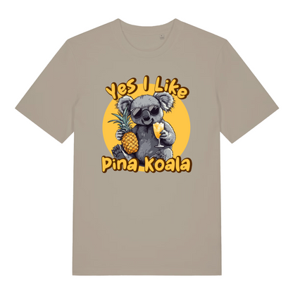 stone funny graphic t-shirt with a koala graphic holding a pineapple and a drink, text 'Yes I Like pina koala' 