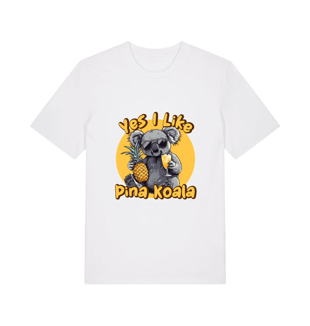 white funny animal t-shirt with the graphic of a koala holding a pineapple and the slogan 'yes i like pina koala'