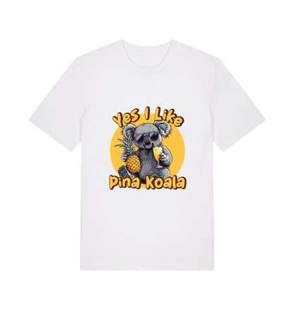 white funny animal t-shirt with the graphic of a koala holding a pineapple and the slogan 'yes i like pina koala'