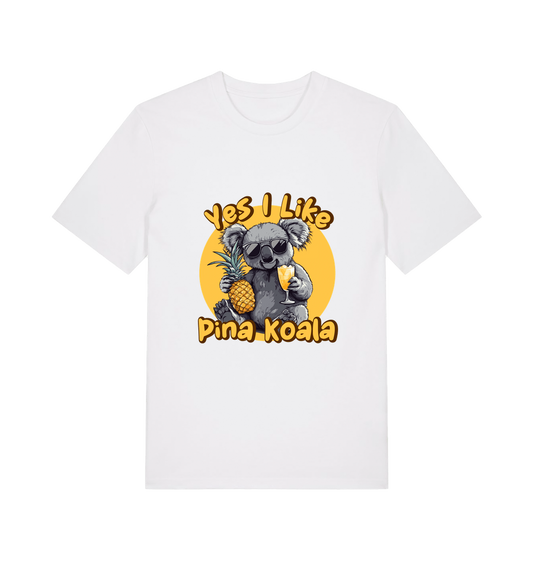 white funny animal t-shirt with the graphic of a koala holding a pineapple and the slogan 'yes i like pina koala'