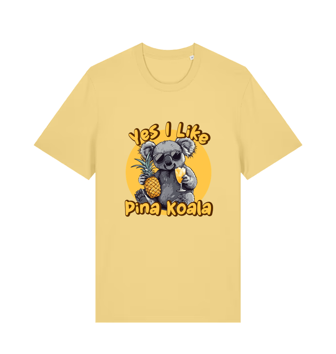 yellow funny animal t-shirt with the graphic of a koala holding a pineapple and the slogan 'yes i like pina koala'