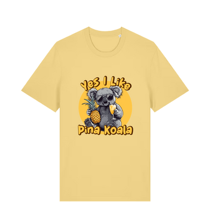 yellow funny animal t-shirt with the graphic of a koala holding a pineapple and the slogan 'yes i like pina koala'