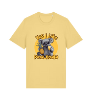 yellow funny animal t-shirt with the graphic of a koala holding a pineapple and the slogan 'yes i like pina koala'