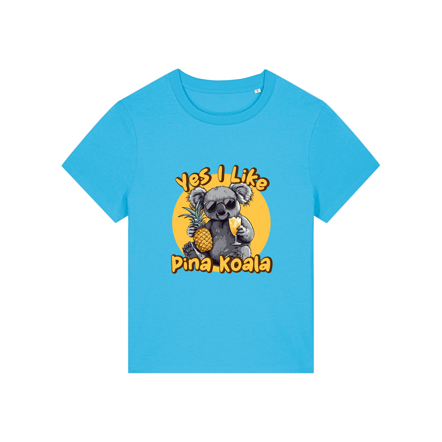 blue funny animal t-shirt with the graphic of a koala holding a drink and a pineapple and the slogan 'yes i like pina koala'