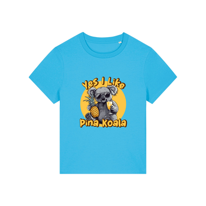 blue funny animal t-shirt with the graphic of a koala holding a drink and a pineapple and the slogan 'yes i like pina koala'